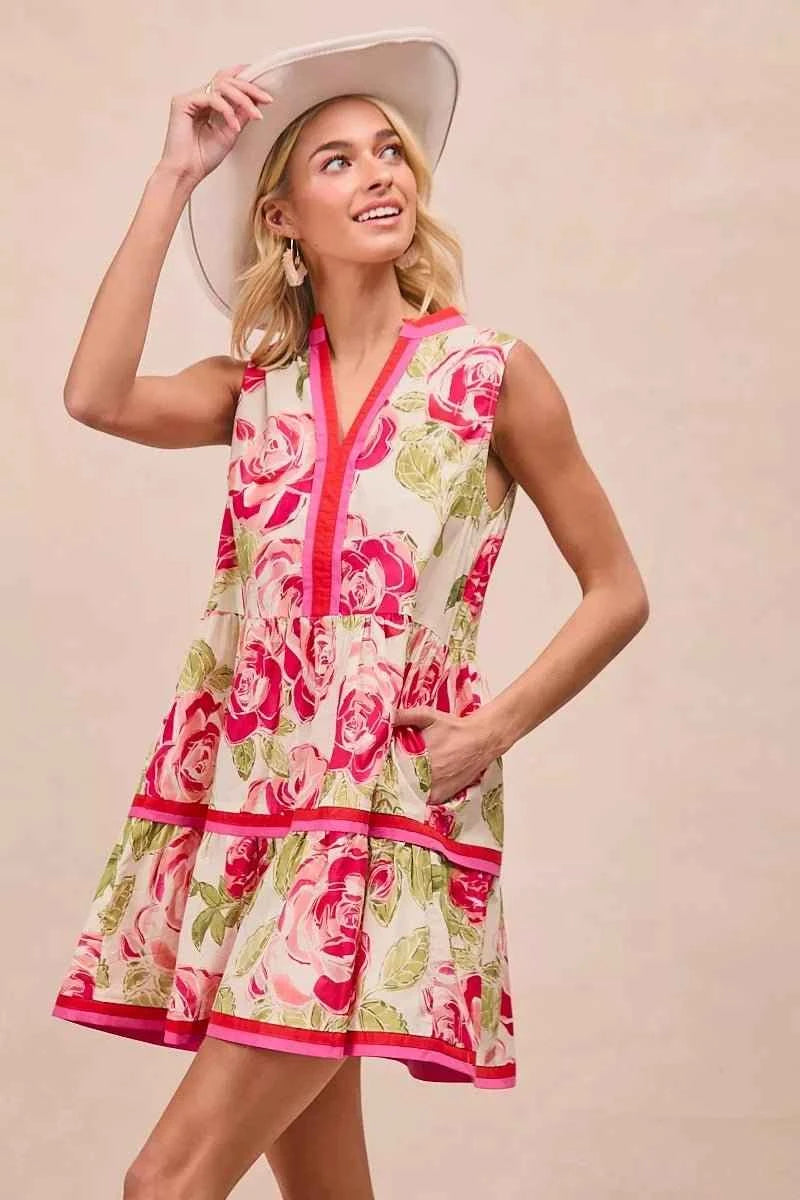 Coral Floral Woven Contrast Edge Tiered Ruffle Mini Dress by BiBi