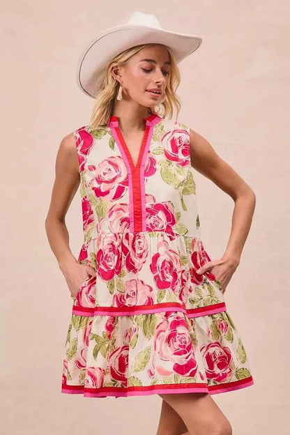 Coral Floral Woven Contrast Edge Tiered Ruffle Mini Dress by BiBi