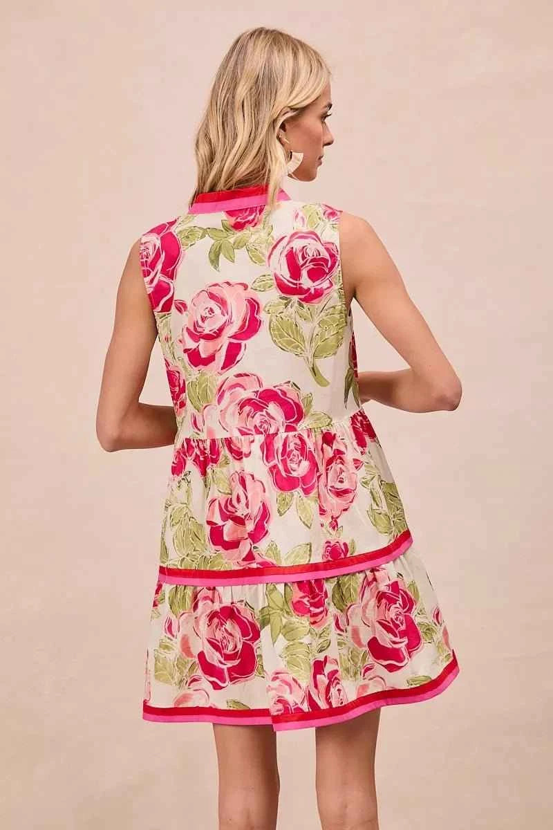 Coral Floral Woven Contrast Edge Tiered Ruffle Mini Dress by BiBi