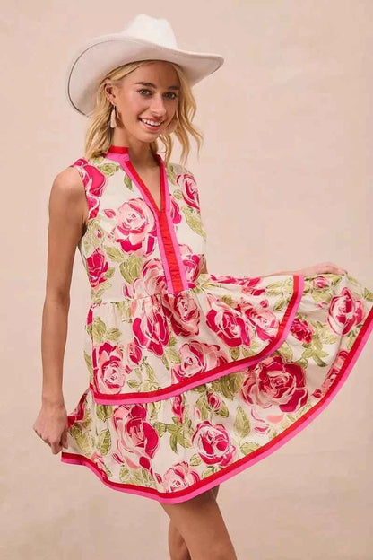 Coral Floral Woven Contrast Edge Tiered Ruffle Mini Dress by BiBi