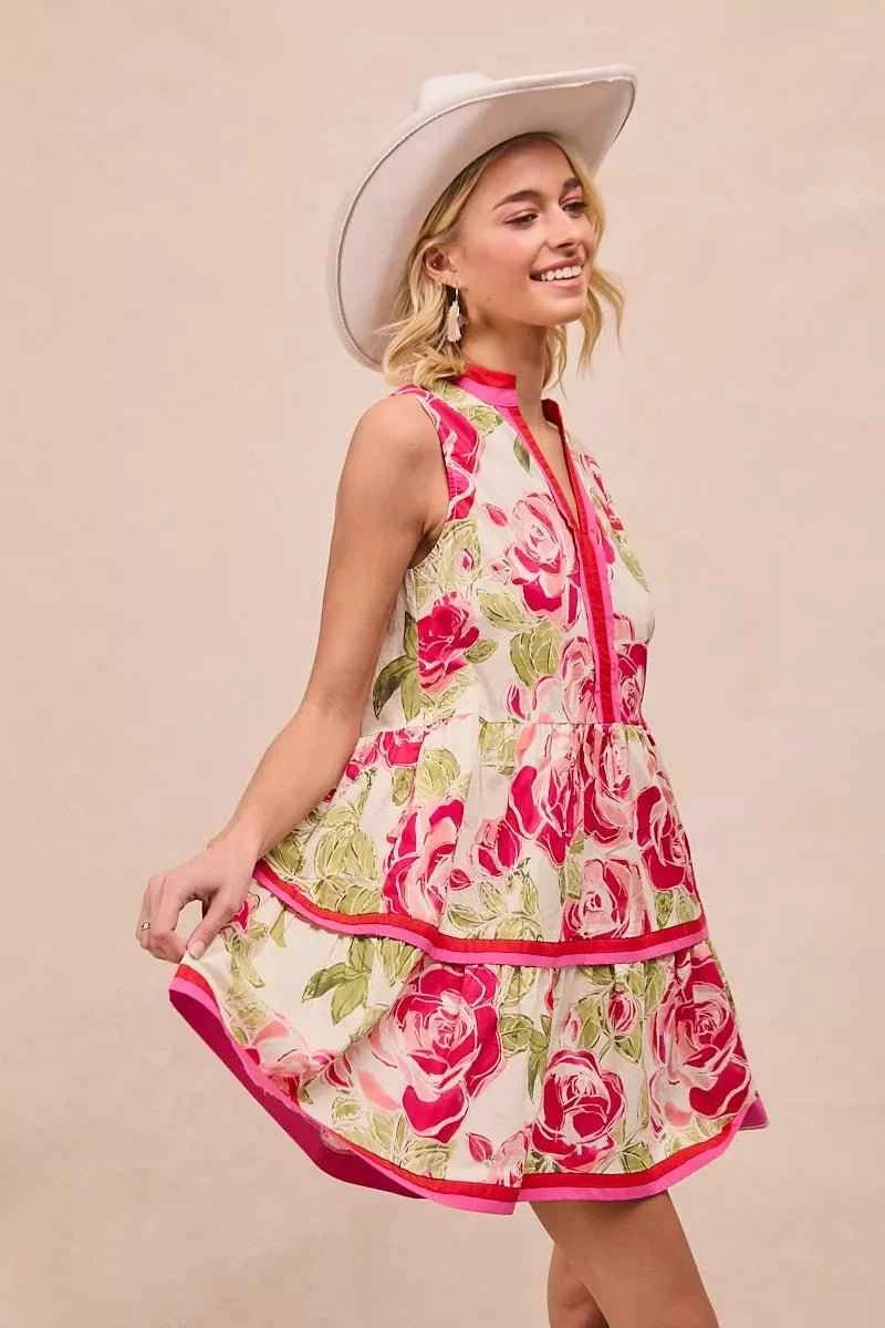 Coral Floral Woven Contrast Edge Tiered Ruffle Mini Dress by BiBi