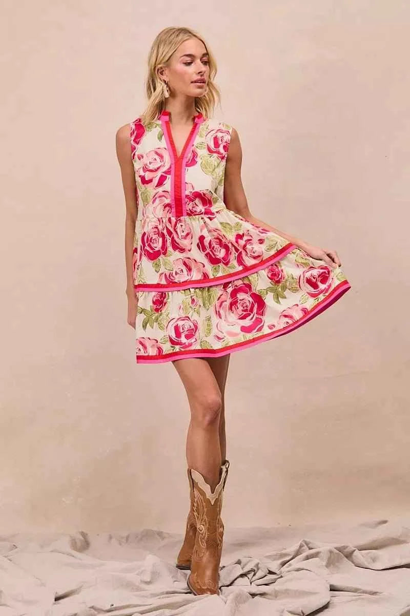 Coral Floral Woven Contrast Edge Tiered Ruffle Mini Dress by BiBi