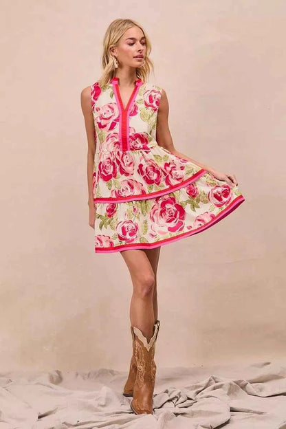 Coral Floral Woven Contrast Edge Tiered Ruffle Mini Dress by BiBi