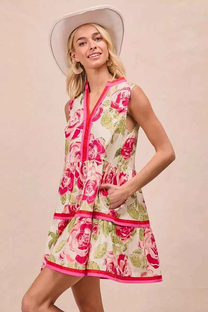 Coral Floral Woven Contrast Edge Tiered Ruffle Mini Dress by BiBi