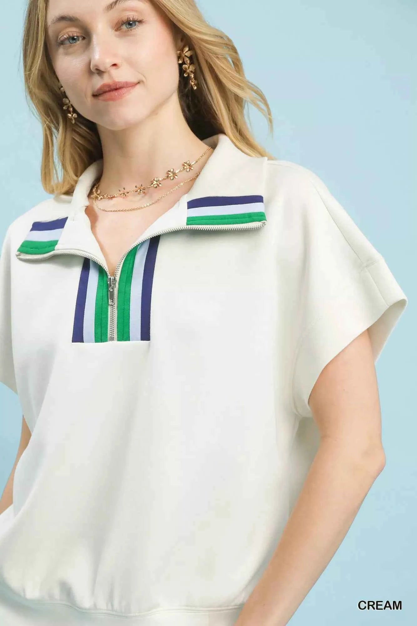 Cream Striped Collared Neck Half-Zip Top by Umgee