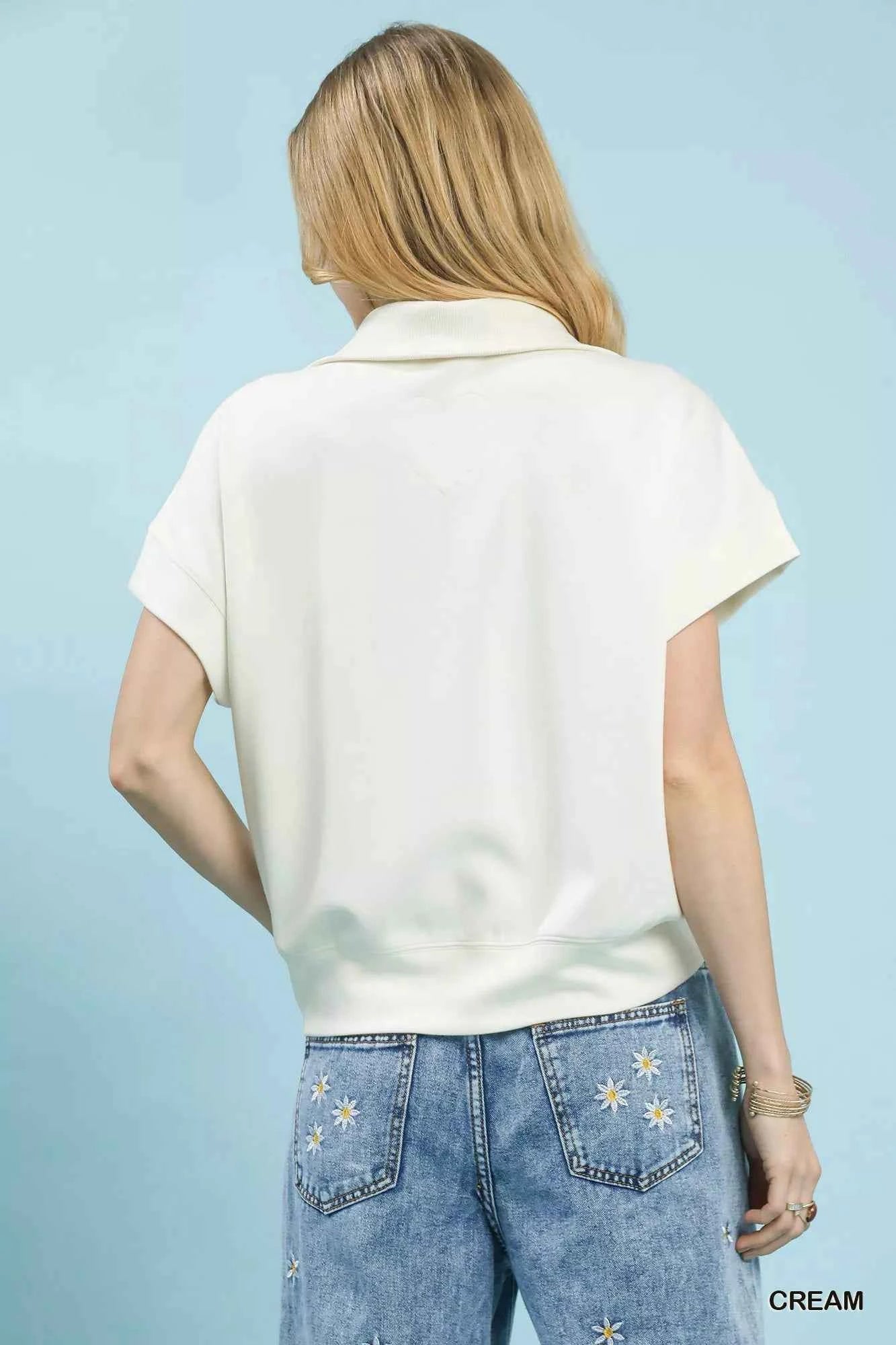 Cream Striped Collared Neck Half-Zip Top by Umgee