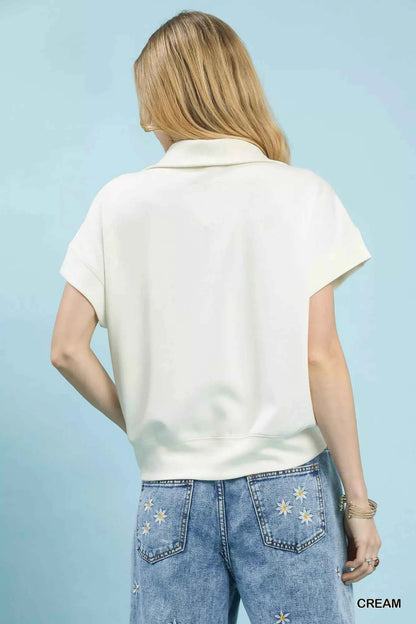 Cream Striped Collared Neck Half-Zip Top by Umgee
