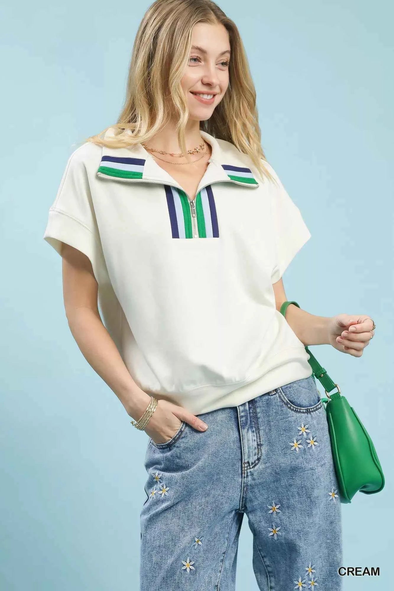 Cream Striped Collared Neck Half-Zip Top by Umgee