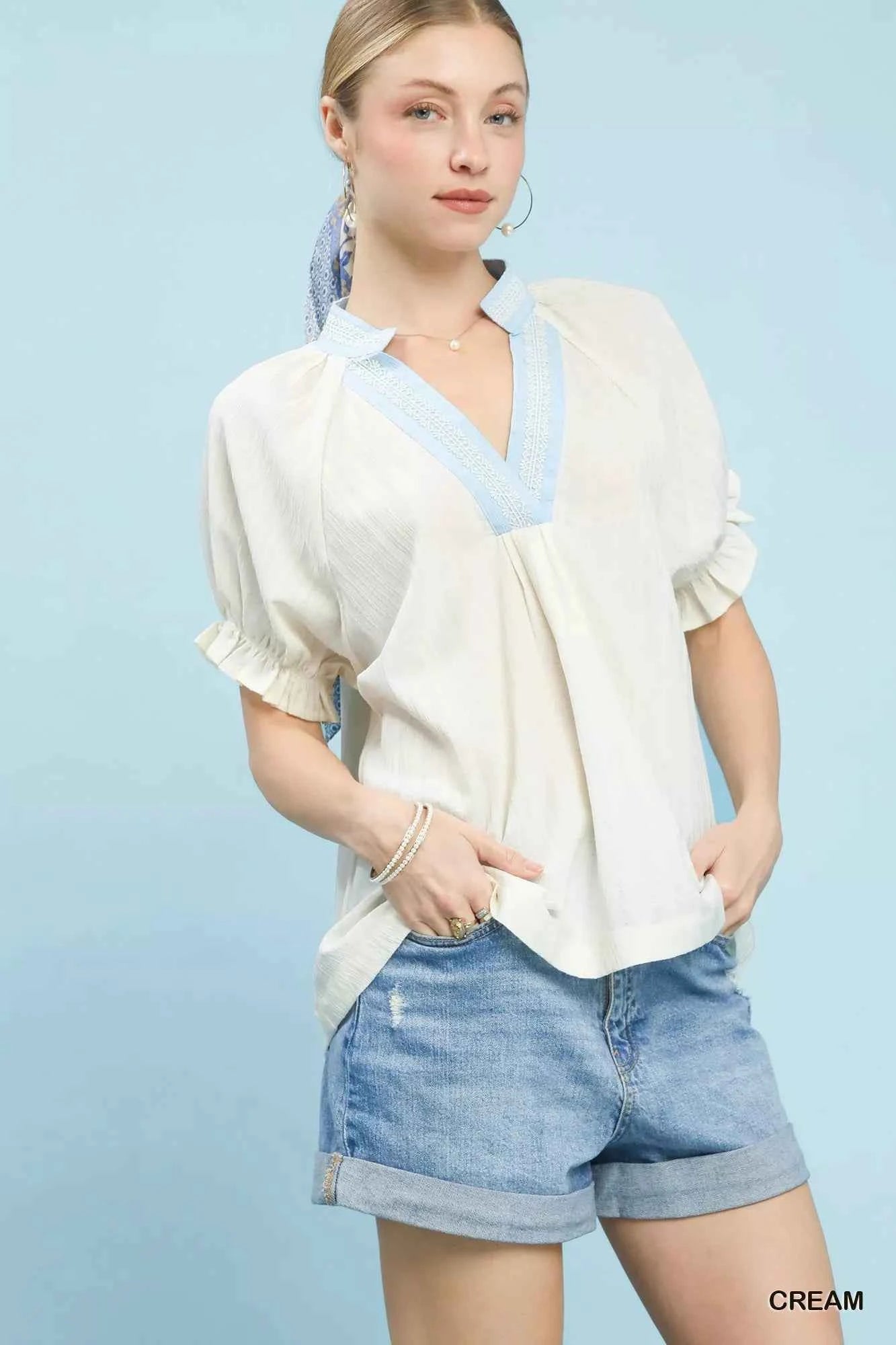 Cream Textured V-Neck Top with Lace Trim Details by Umgee