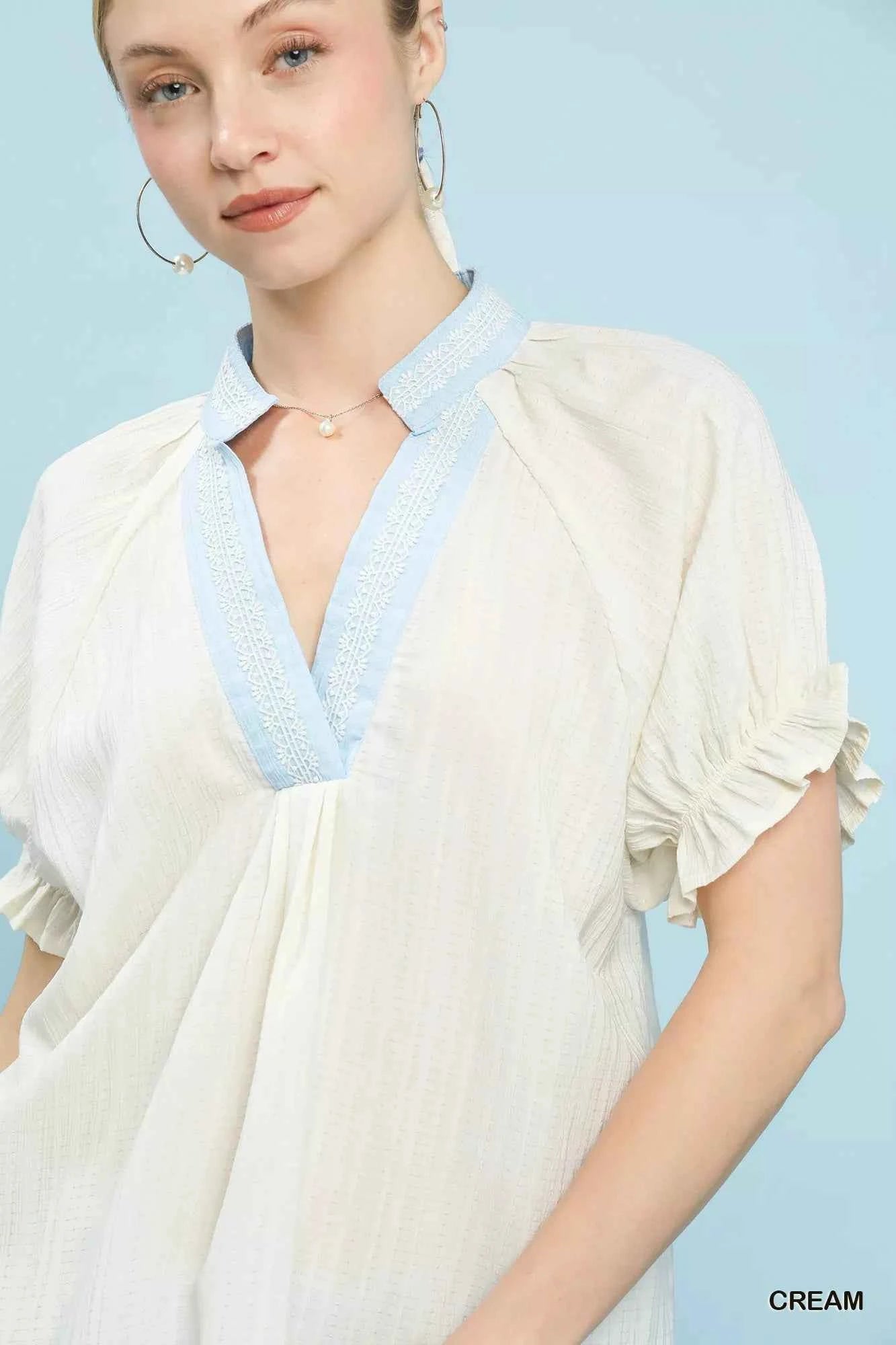 Cream Textured V-Neck Top with Lace Trim Details by Umgee