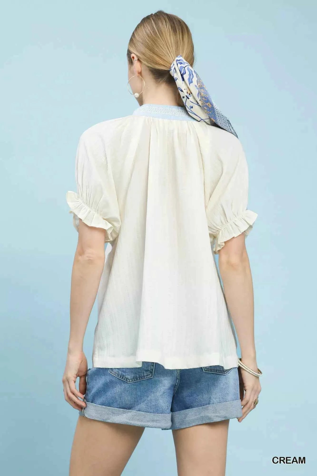 Cream Textured V-Neck Top with Lace Trim Details by Umgee