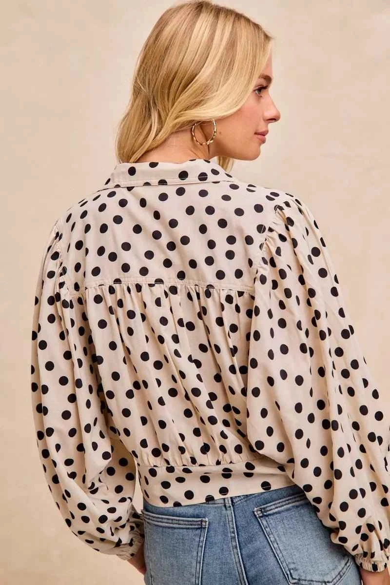 Cream/Black Polka Dot Print Tie Hem Detail Crop Shirt by BiBi