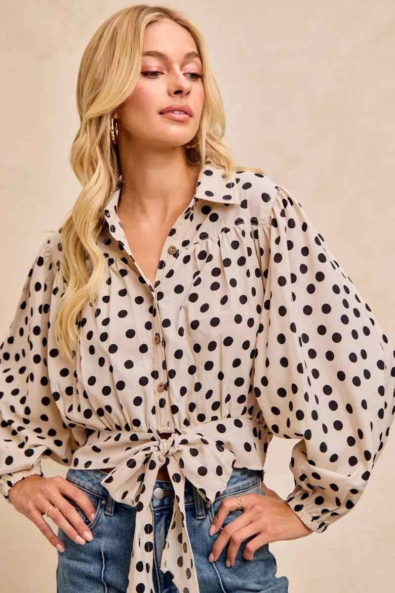 Cream/Black Polka Dot Print Tie Hem Detail Crop Shirt by BiBi