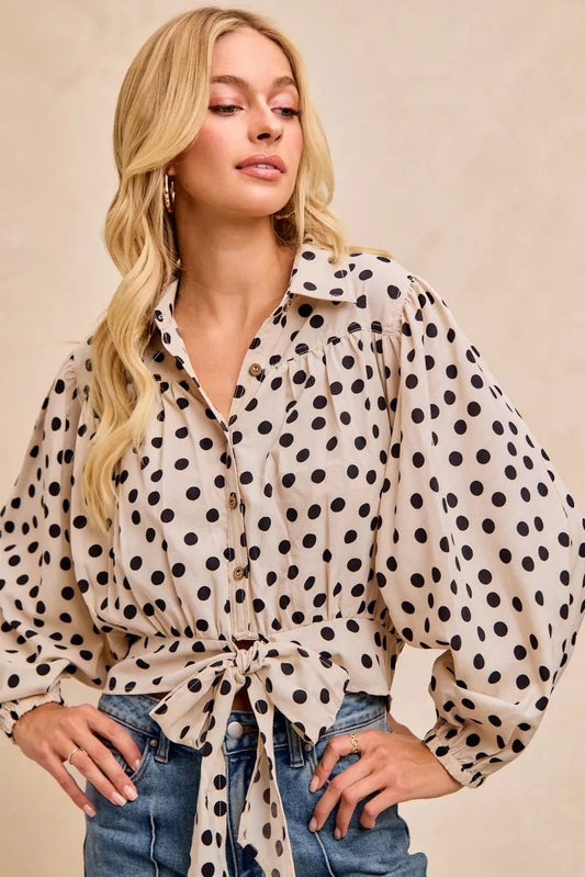 Cream/Black Polka Dot Print Tie Hem Detail Crop Shirt - What Lala Loves