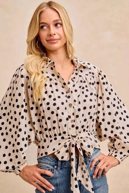 Cream/Black Polka Dot Print Tie Hem Detail Crop Shirt by BiBi