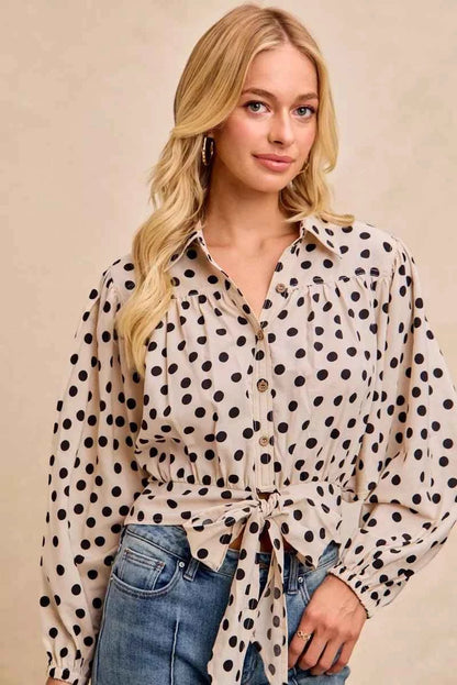 Cream/Black Polka Dot Print Tie Hem Detail Crop Shirt by BiBi
