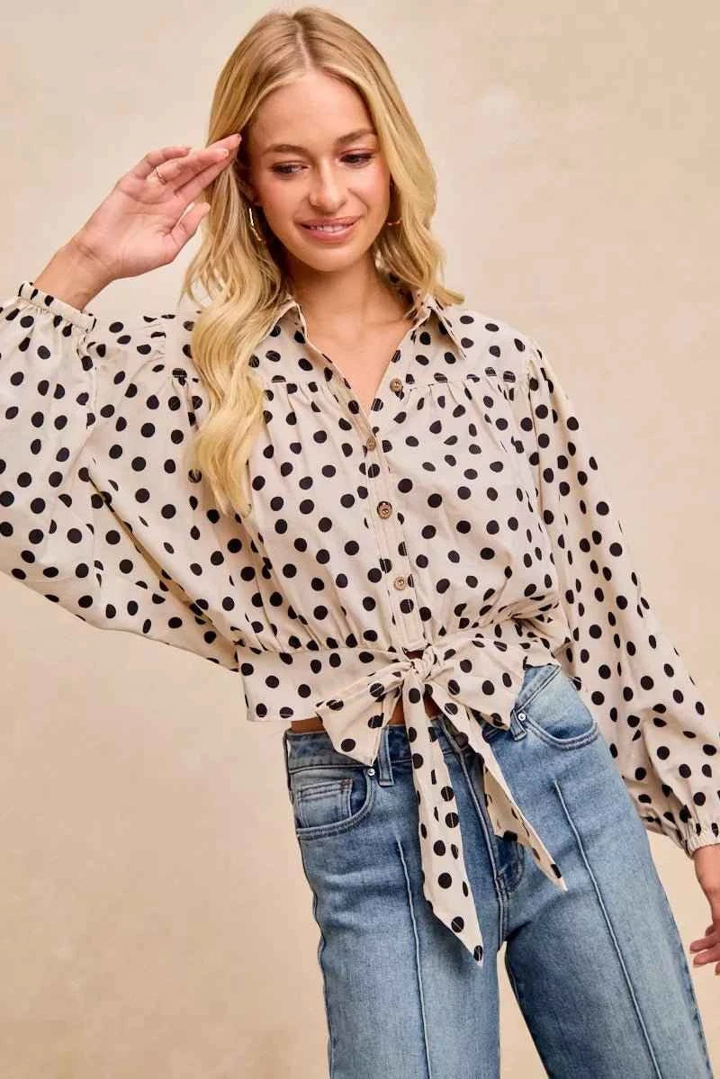 Cream/Black Polka Dot Print Tie Hem Detail Crop Shirt by BiBi