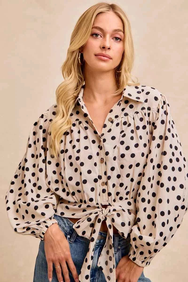Cream/Black Polka Dot Print Tie Hem Detail Crop Shirt by BiBi