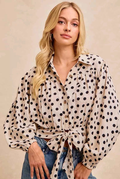 Cream/Black Polka Dot Print Tie Hem Detail Crop Shirt by BiBi