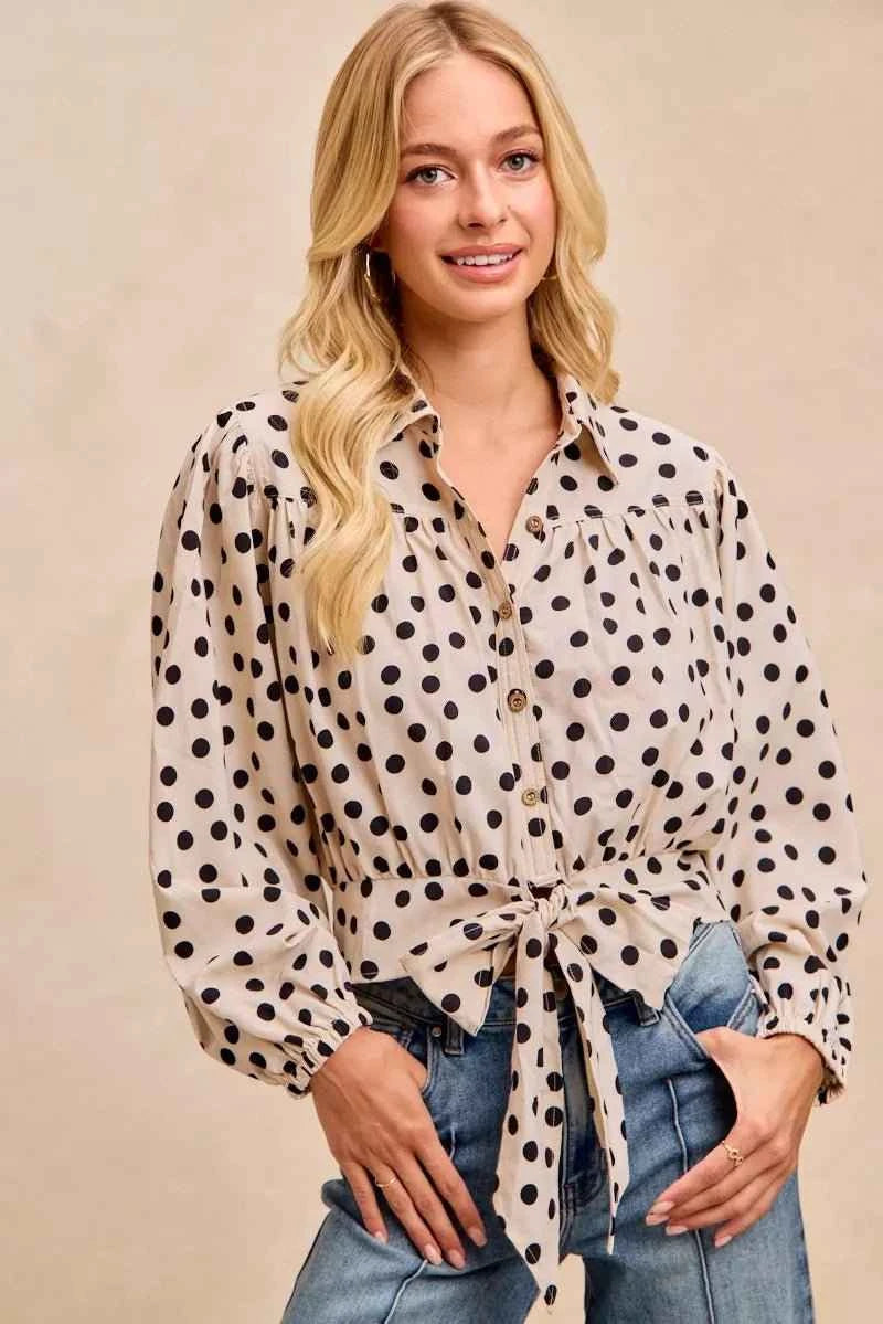 Cream/Black Polka Dot Print Tie Hem Detail Crop Shirt by BiBi