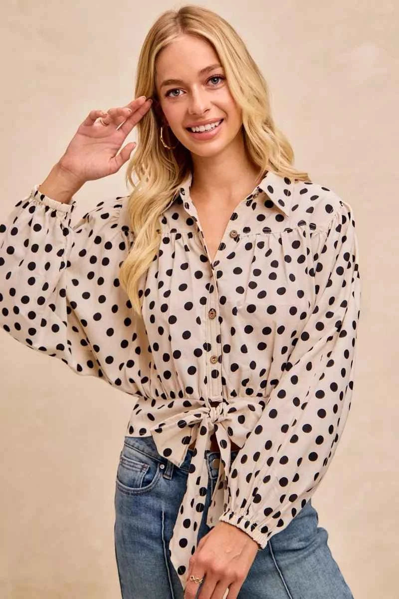 Cream/Black Polka Dot Print Tie Hem Detail Crop Shirt by BiBi