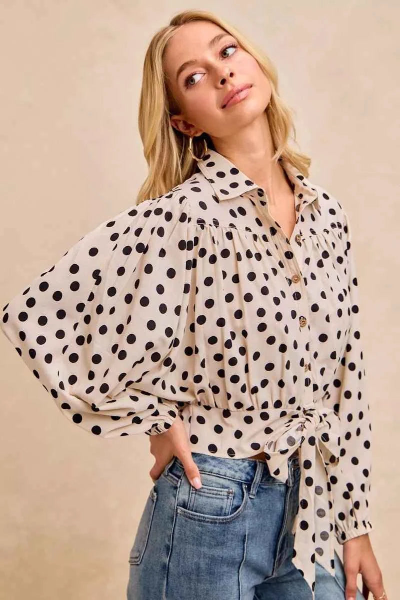 Cream/Black Polka Dot Print Tie Hem Detail Crop Shirt by BiBi