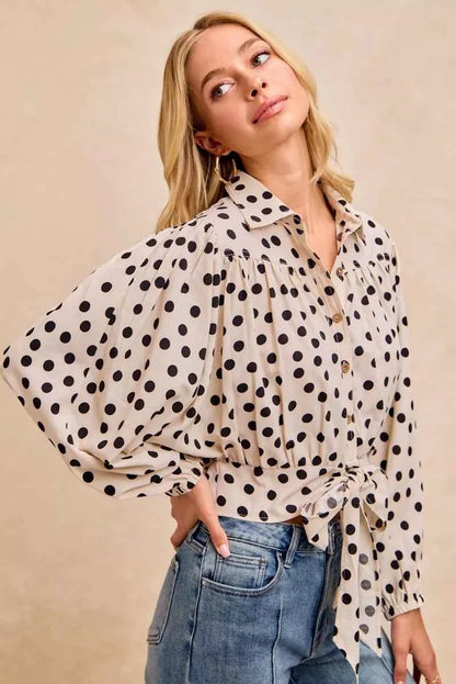 Cream/Black Polka Dot Print Tie Hem Detail Crop Shirt by BiBi