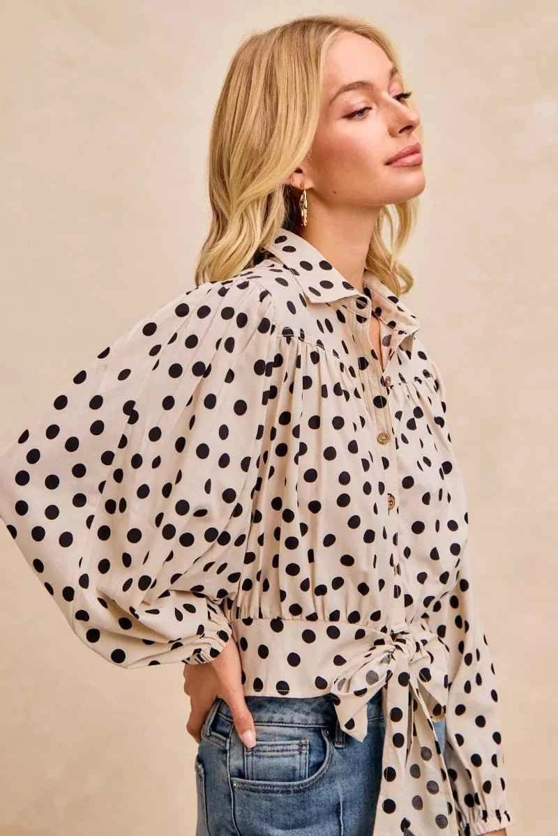Cream/Black Polka Dot Print Tie Hem Detail Crop Shirt by BiBi