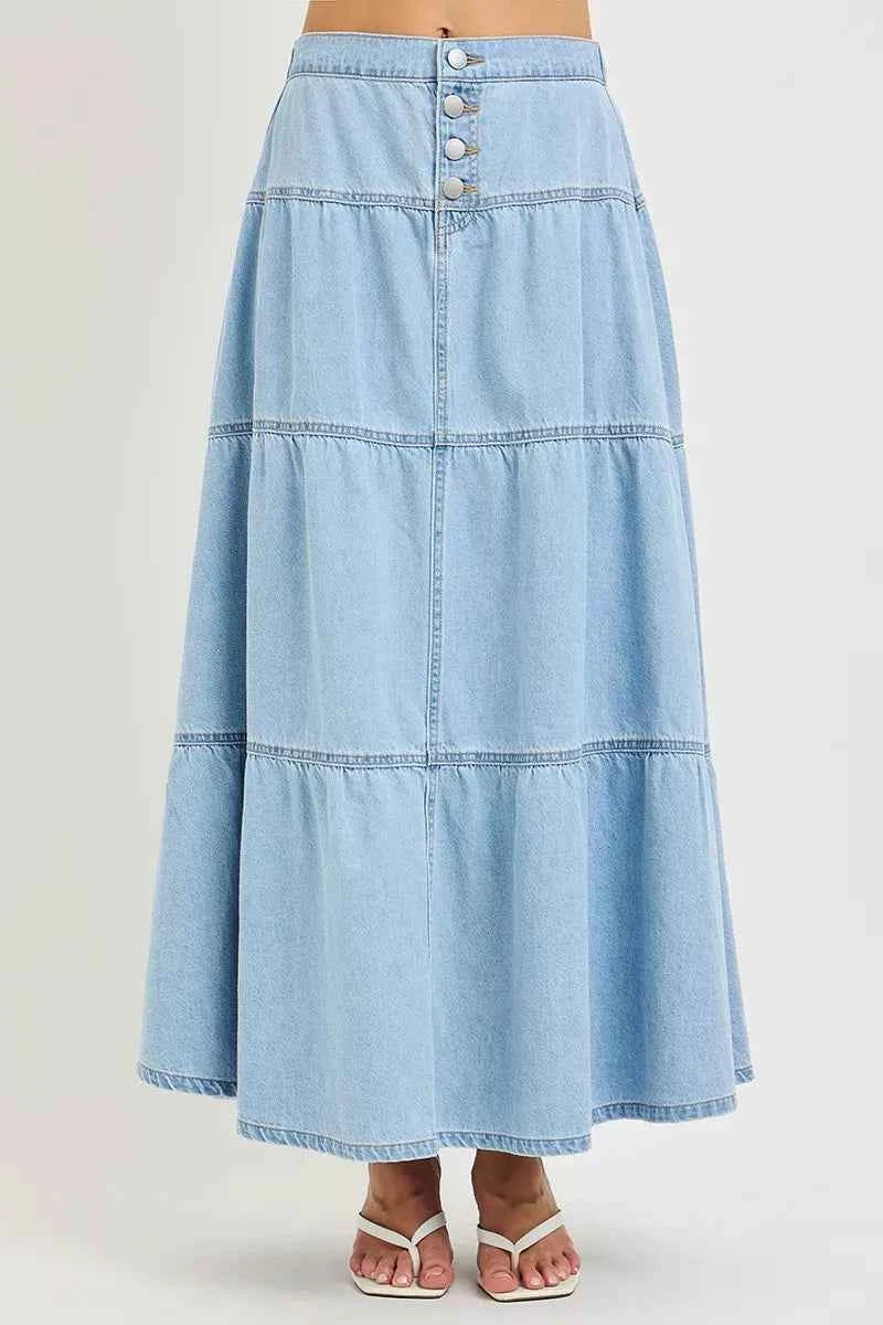 Light Wash High Rise Ruffle Tiered Button Front Maxi Skirt by Risen