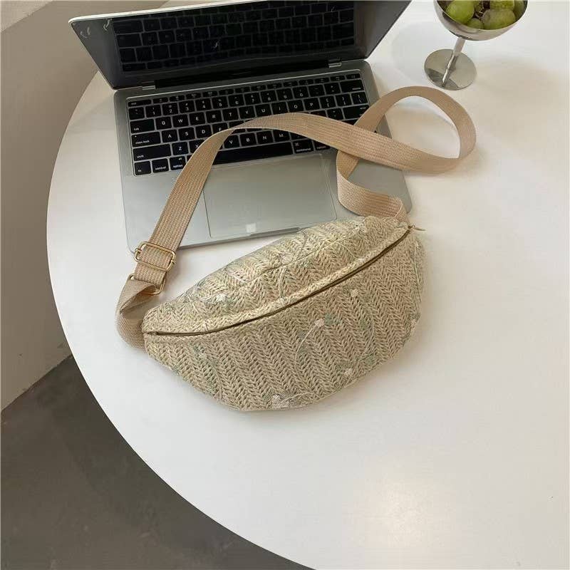 RAFFIA STRAW WAIST FANNY PACK CROSSBODY BELT BAG | 40P559: TAN