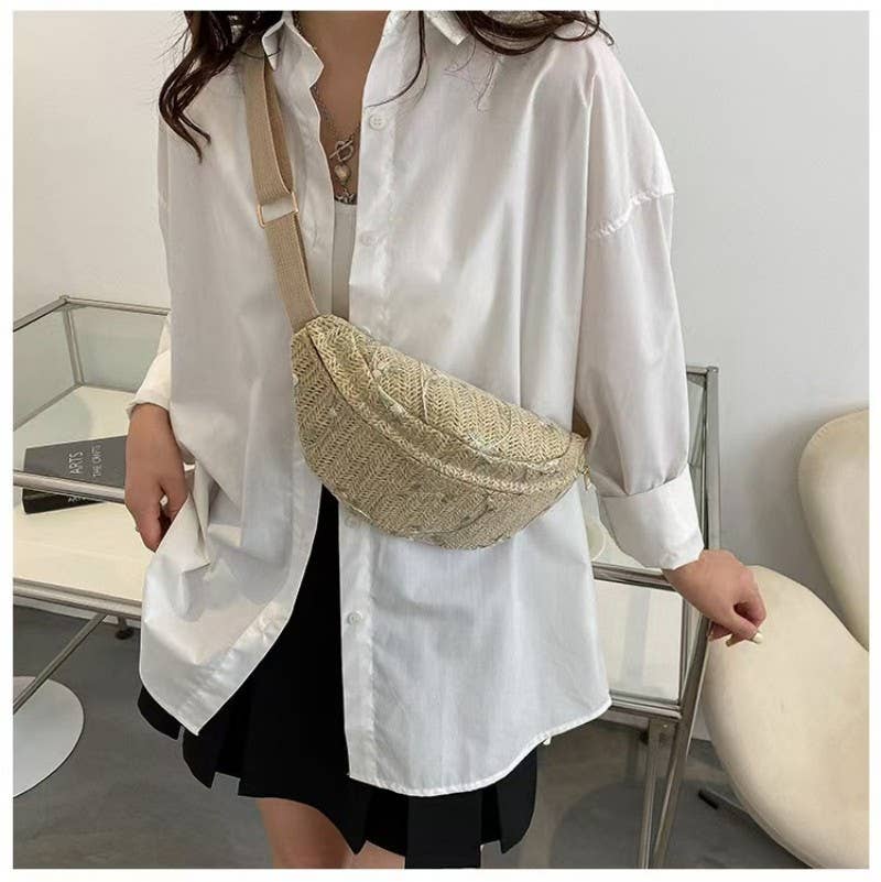 RAFFIA STRAW WAIST FANNY PACK CROSSBODY BELT BAG | 40P559: TAN