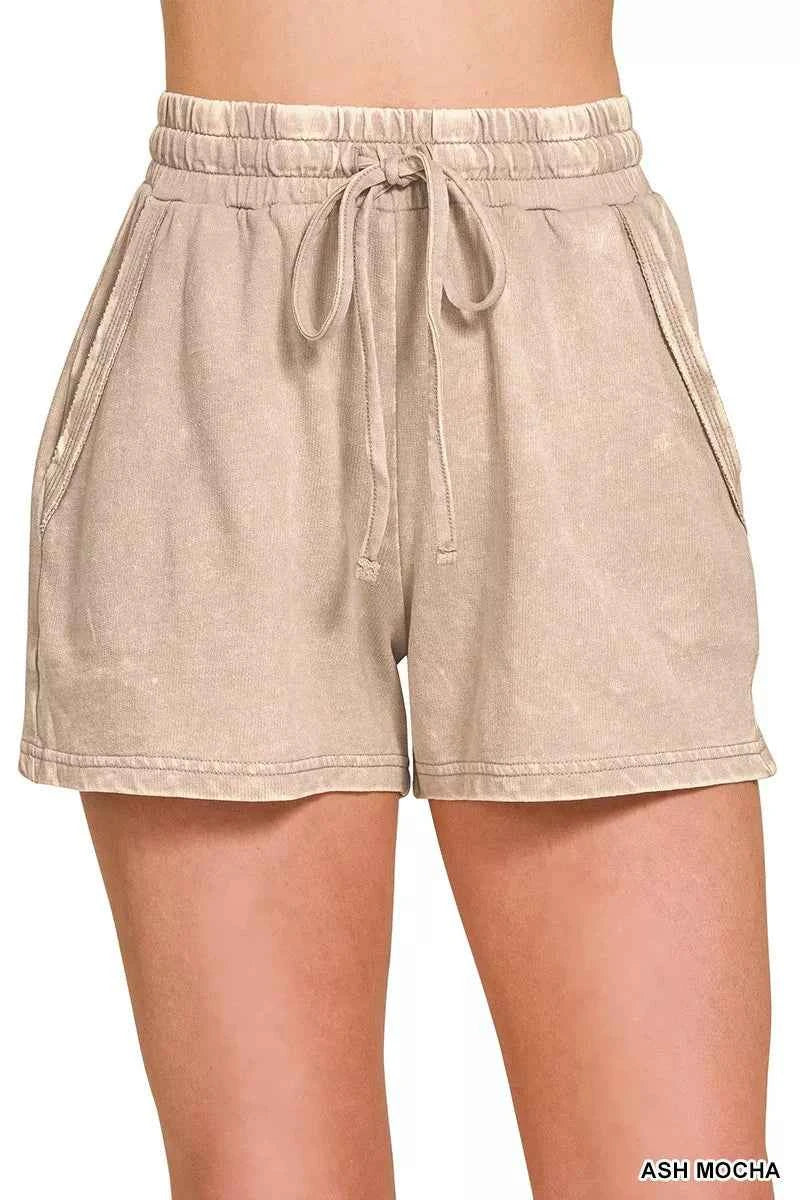 Ash Mocha French Terry Acid Washed Relaxed Top & Short Set | Zenana