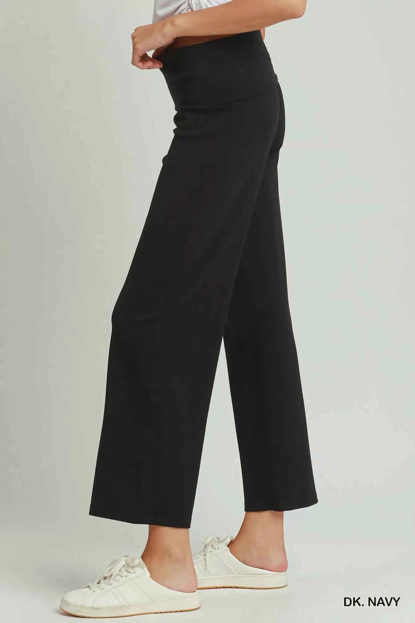 Umgee Cotton Viscose Folded Waistband Straight Leg Pants