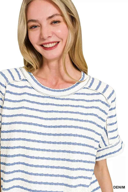 Denim Blue Stripe Jacquard Round Neck Tee by Zenana