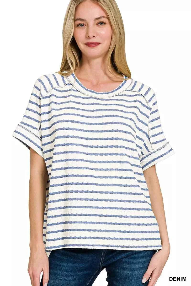 Denim Blue Stripe Jacquard Round Neck Tee by Zenana