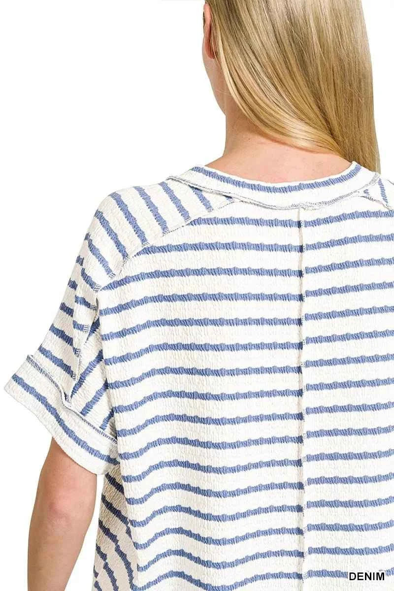 Denim Blue Stripe Jacquard Round Neck Tee by Zenana