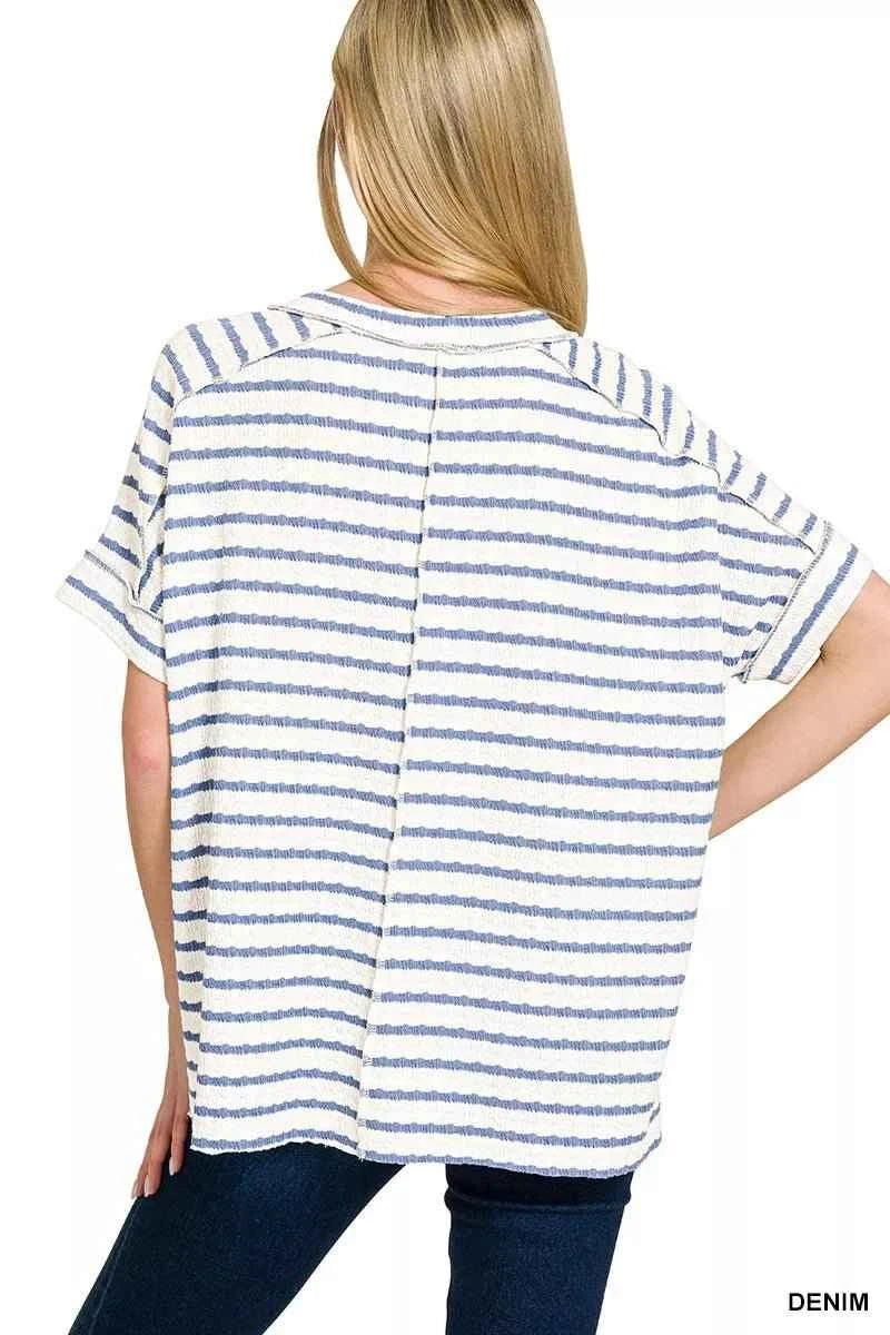 Denim Blue Stripe Jacquard Round Neck Tee by Zenana
