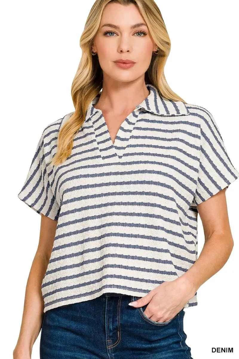 Denim Blue Striped Split Neck Collared Top by Zenana