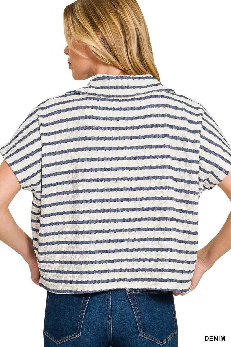 Denim Blue Striped Split Neck Collared Top by Zenana
