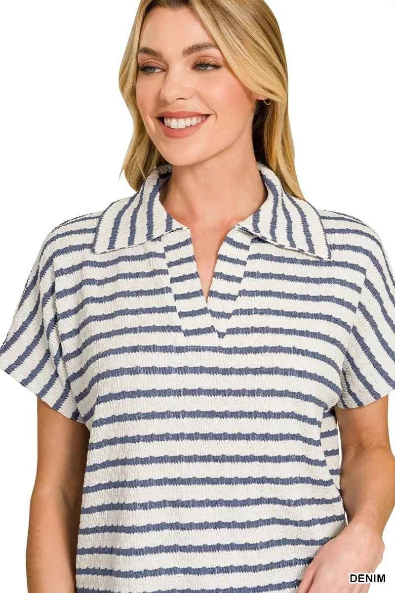 Denim Blue Striped Split Neck Collared Top by Zenana