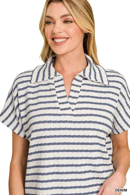 Denim Blue Striped Split Neck Collared Top by Zenana