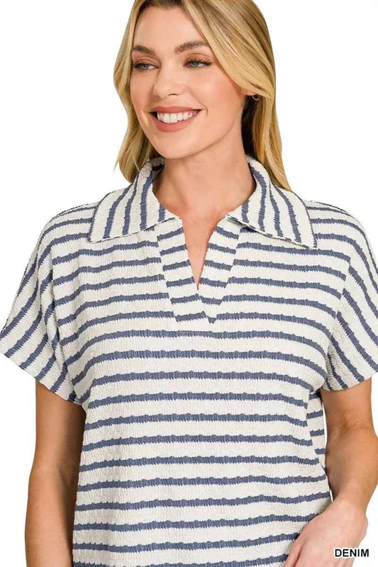 Denim Blue Striped Split Neck Collared Top by Zenana