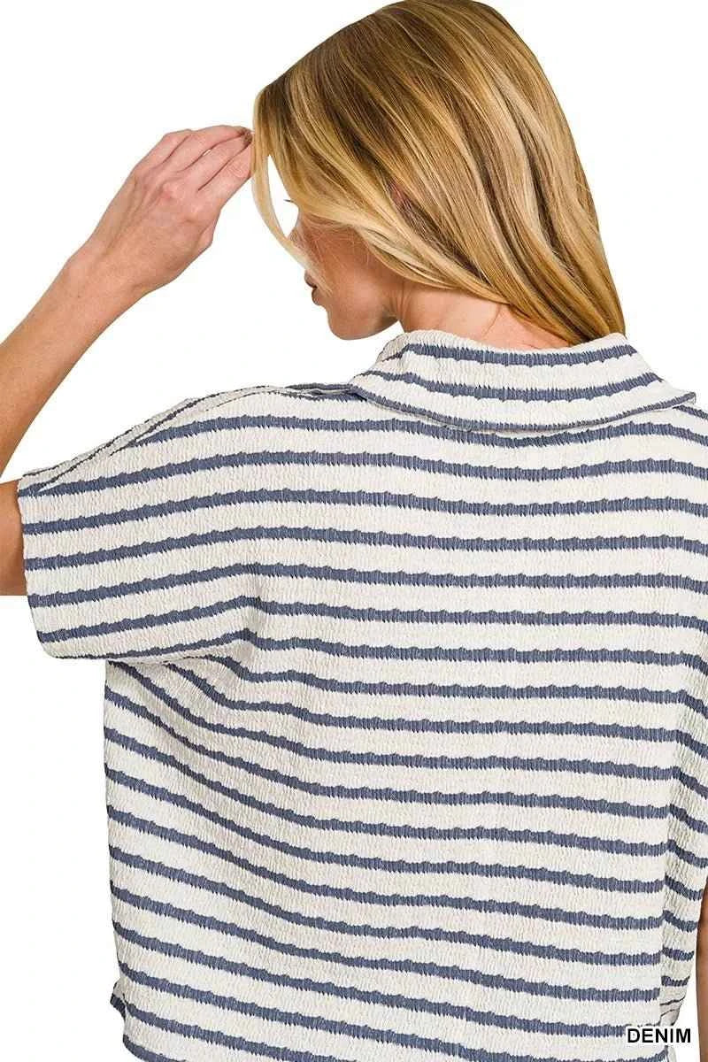 Denim Blue Striped Split Neck Collared Top by Zenana