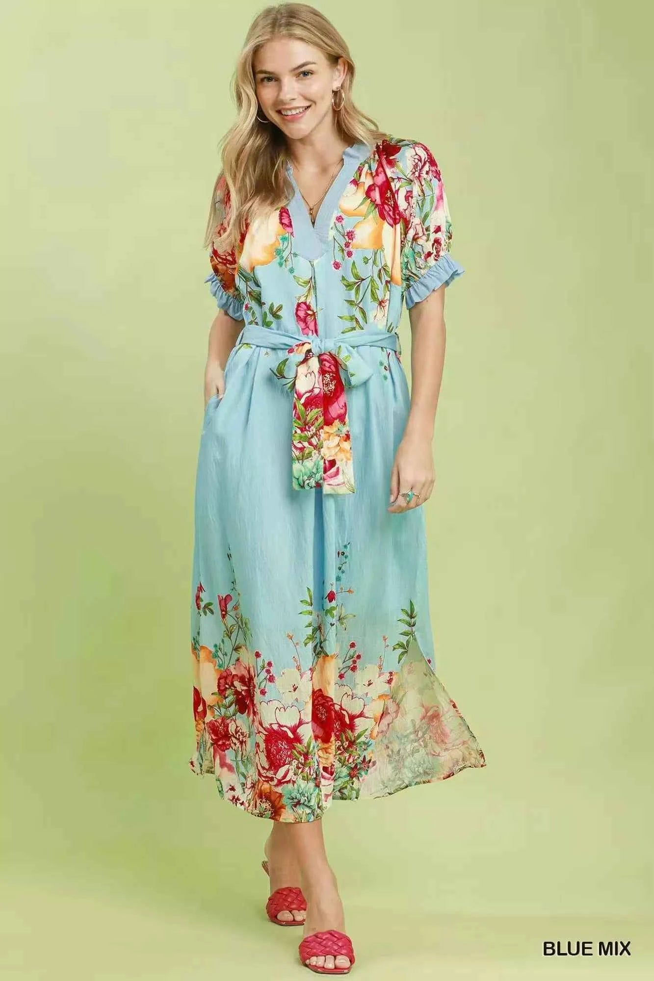 Blue Mix Floral Border Print Belted Midi Dress with Pockets by Umgee