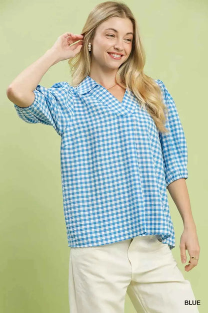 Umgee Gingham Puff Sleeve Collared Blouse