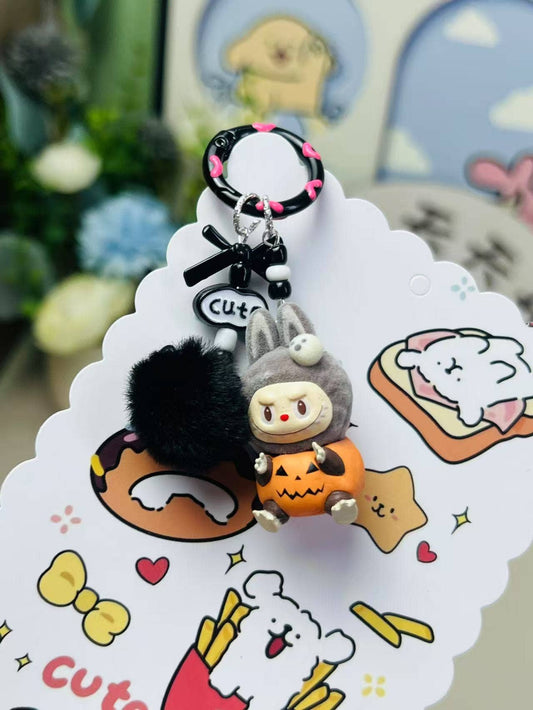 Halloween pumpkin labubu keychain bag pendant: Black flocking