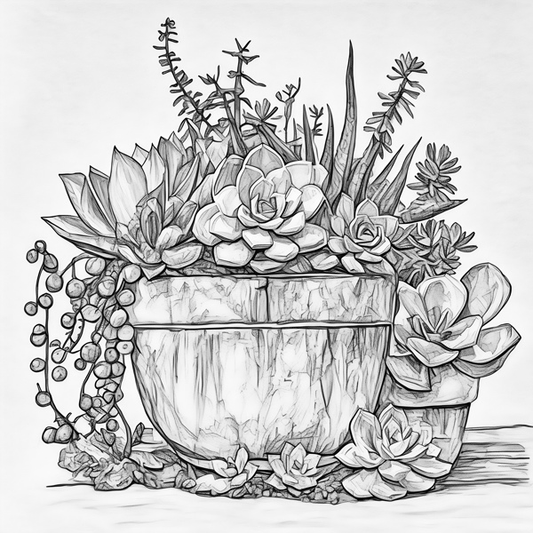 Black and white illustration of a potted succulent plant DIY paint kit