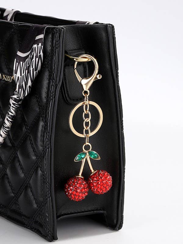 RHINESTONE CHERRY DROP KEYCHAIN BAG CHARM | 40KC127: Gold