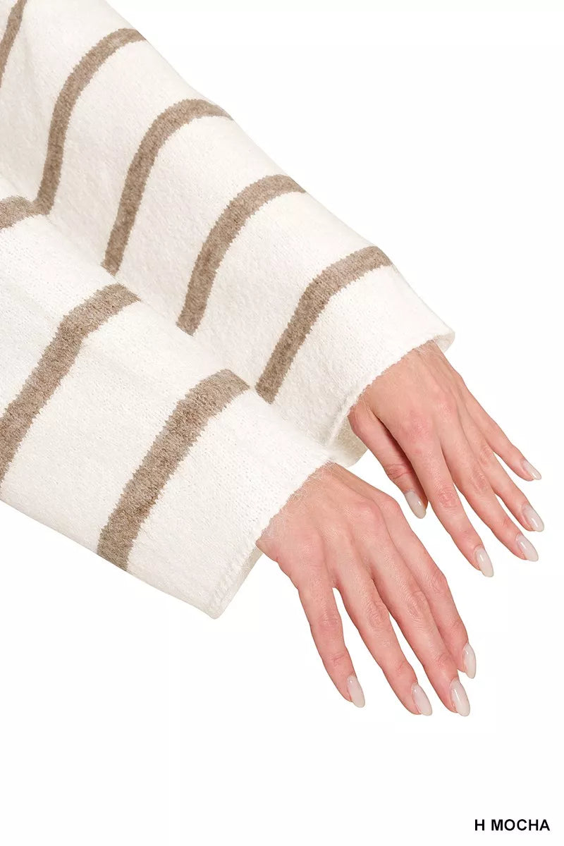 Woman wearing a Zenana Heather Mocha striped wool blend sweater with long sleeves and a relaxed fit.