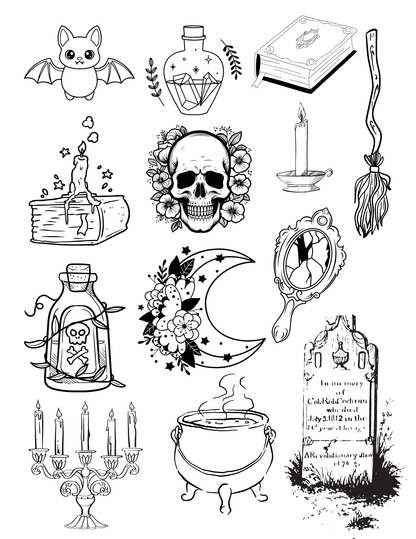 The Paper Garden Spooky color-your-own sticker kit featuring Halloween-inspired illustrated stickers